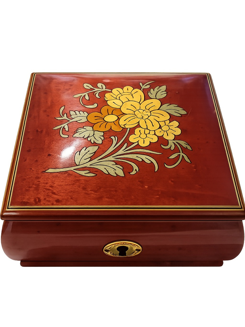 REUGE Swiss Music Jewelry Box Amazing Grace Italian Floral Inlay Burl Wood Vtg
